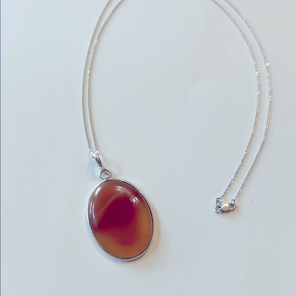 14K White Gold Chain Amber Agate Pendant Necklace 925 Silver - Picture 10 of 15
